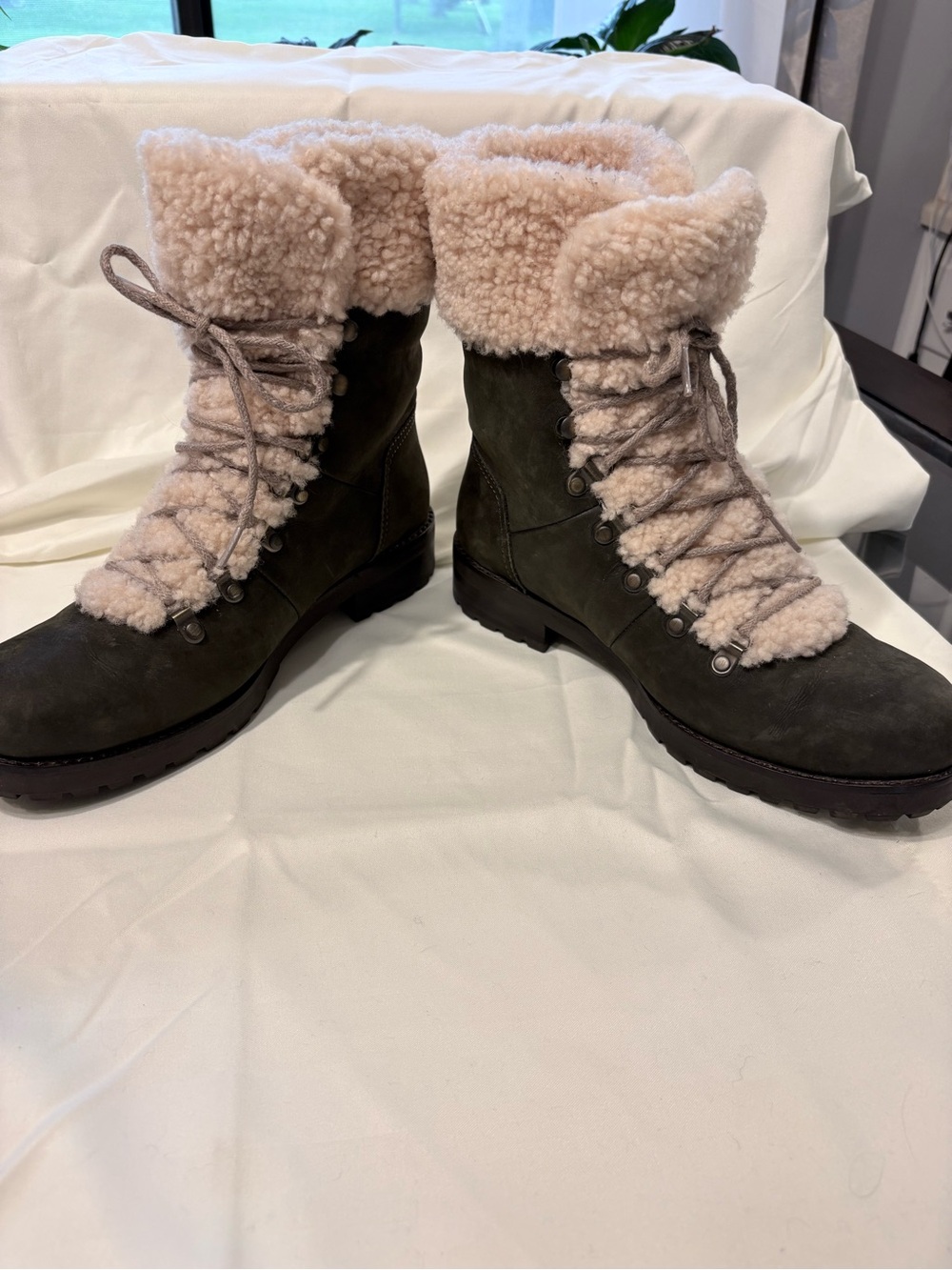 UGG Olive Suede Lace-Up Boots with Cream Shearling Trim